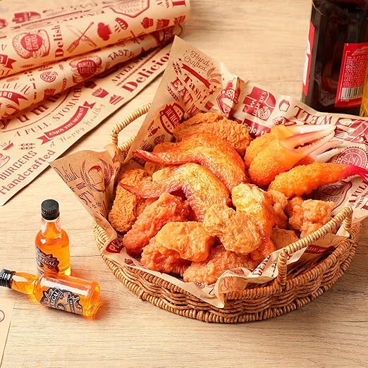 Outus 1000 Pcs 12 x 12 Inch Deli Wax Paper Sheets Grease Resistant Tray Basket Liners Newsprint Paper Water and Grease Proof Sandwich Wrapping Square Hot Dog Wrappers for Food Baking (Red on Brown)