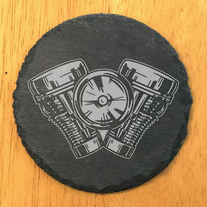 Power & Protection: V-Twin Engine Coasters for Your Ride - Round Slate - Set of 6