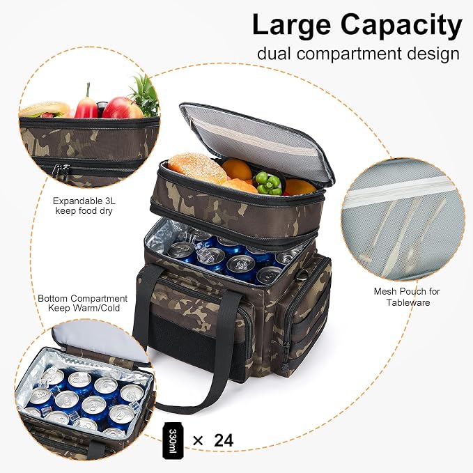 Gafetrey Tactical Lunch Box for Men, Insulated Bag Adult, Thermal Lunchbox Leakproof Waterproof Cooler Bag, Dual Compartment tote, Large Pail Work Office Camping Travel(Black Camo)