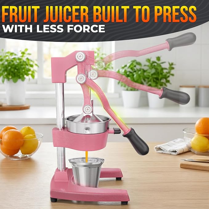 Cast Iron Juicer Hand Press, Heavy-Duty Squeezer, 304 Stainless Steel Bowl – One Pull Extracts Full Juice – Manual Citrus Press Juicer & Orange Squeezer for Lemon, Lime & Lemonade at Home Bar (Pink)