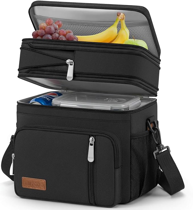 MIYCOO Lunch Bag & Lunch Box for Men Women, Double Deck & Leakproof | Insulated Soft Large Adult Camping Cooler bag for Work, Beach, Picnic, Travel (Black, 15L)