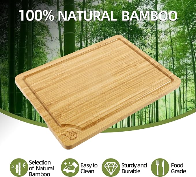 Labeled Cutting Board Set of 4, Bamboo Chopping Boards with Food Icons | Charcuterie Board Serving Tray with Juice Groove & Handles, Ideal for Meat, Vegetables, Fruits, Cheese