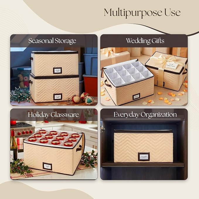 Wine Glass Storage Box with Dividers, Holds 12 Glasses up to 4.25" Wide | 2 Pack, Stemware Storage Case, Protects Fine China, Durable Quilted Microfiber, Carry Handles, Ideal for Red Wine Glass