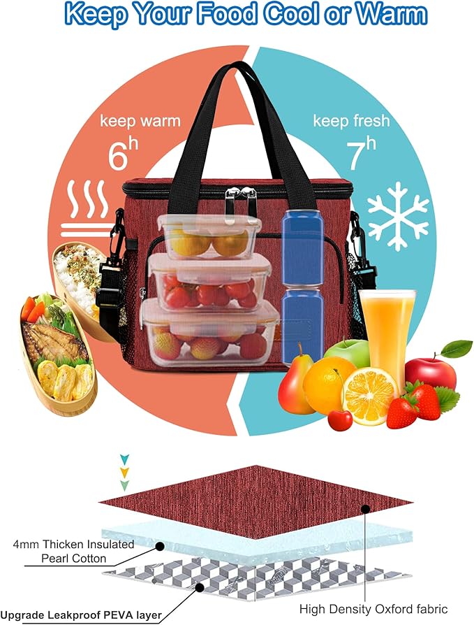 Lunch Bags for Women/Men, Insulated Lunch Bag for Work Office Picnic - Lunch Cooler Bag Leakproof Lunch Box with Adjustable Shoulder Strap - Red