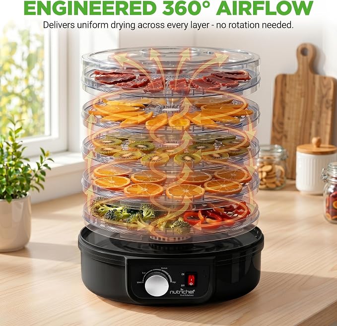 NutriChef Electric Countertop Food Dehydrator - Professional Multi-Tier Food Preserver - Dehydrates Fish, Meats, Mushrooms, Fruits & Vegetables - 5 Easy to Clean Stackable Trays., One Size, Black
