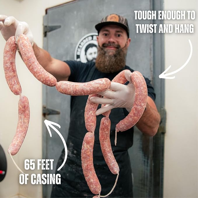 Bearded Butchers Natural Hog Sausage Casings 32-35mm, Edible Pre-Flushed | Stuffs 25-30 lbs, natural snap & bite, resealable brine bag, for bratwurst, Italian sausage, kielbasa, hot dogs, Polish