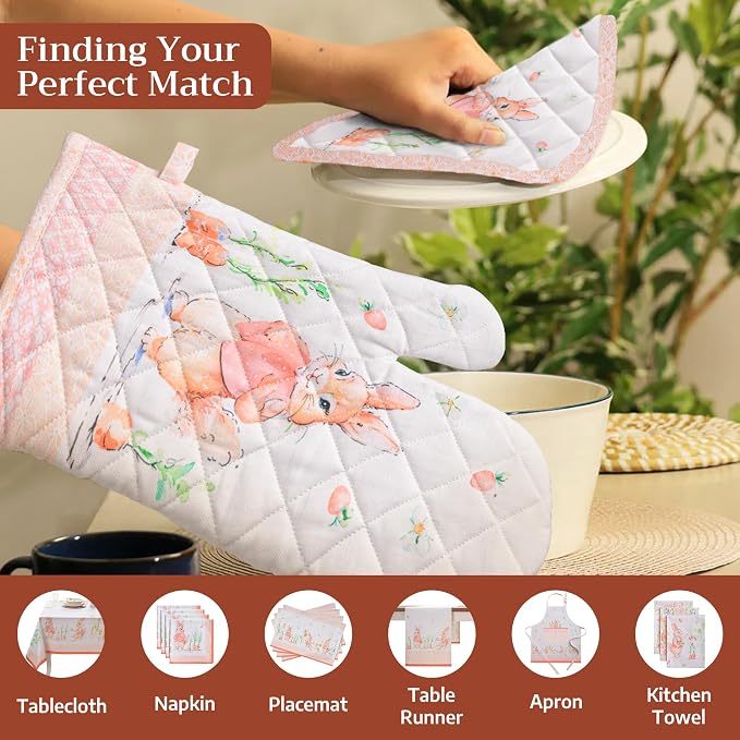 Maison d'Hermine Oven Gloves 100% Cotton Oven Mitt (7" x 13", Pack of 1) | With Loop Heat Resistant BBQ Cooking Gloves Baking Grilling Kitchen Handling Hot Pans Spring Summer - Bunny Party