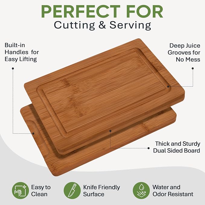 MelBell Bamboo Cutting Board Set Of 3 for Kitchen - Wooden Chopping Boards with Juice Groove - Wood Serving Board for Meat, Vegetables, Cheese