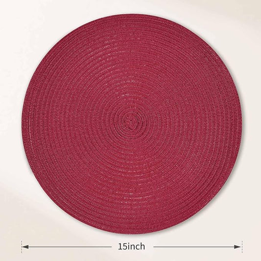 FunWheat Round Braided Placemats Set of 8 Place mats for Dining Tables Woven Heat Resistant Table Mats 15 inch (Wine,8pcs)