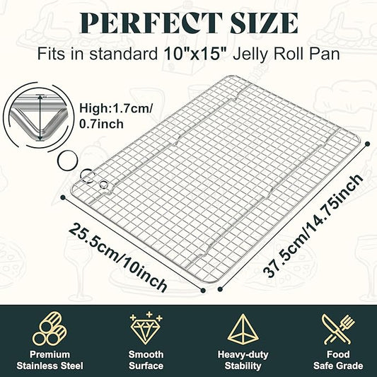 Cooling Racks for Cooking and Baking - 10"x14.75" Oven Safe Premium Stainless Steel Heavy Duty Baking Rack Tight-Wire, Fits Jelly Roll Pan Rack for Roasting & Grilling & Cooking - Set of 2