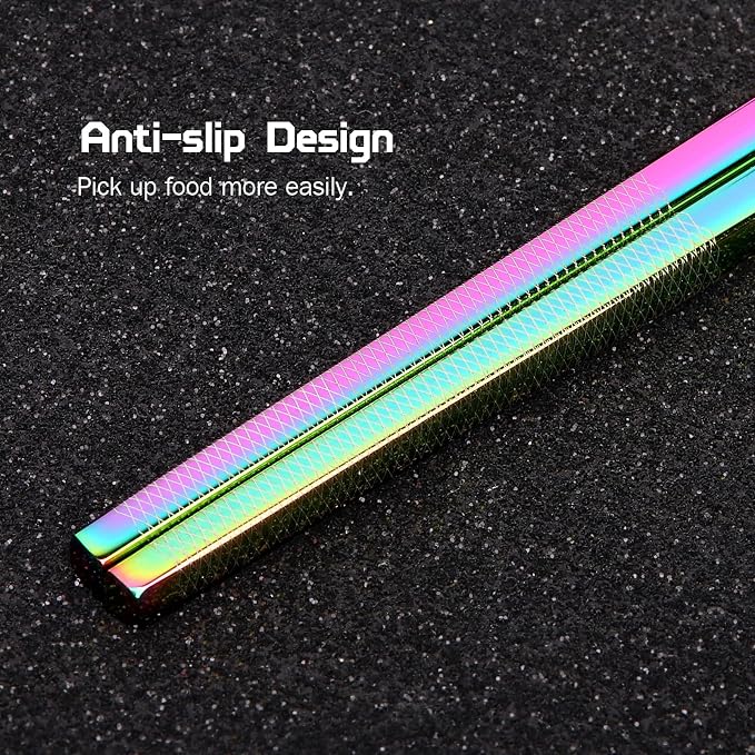 Metal Chopsticks Reusable 2 Pairs Titanium Plated Stainless Steel18/8 Chopsticks with Holder, Dishwasher Safe Lightweight Japanese Style Chopsticks Gift Set(Rainbow Gradient)