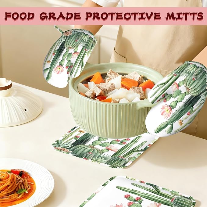 Cactus Succulent Greenery Flower Heat-Resistant Silicone Oven Mitts and Pot Holder 4 Piece Set,Non-Slip Kitchen Oven Gloves for Baking, BBQ, Cooking,Grilling