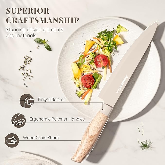 Astercook Knife Set, 6-Piece Kitchen Knife Set with Block, High Carbon Stainless Steel Ultra Sharp Kitchen Knives, Wood Grain Handle, Dishwasher Safe Knife Block Set, Khaki, Kitchen Utility Knives