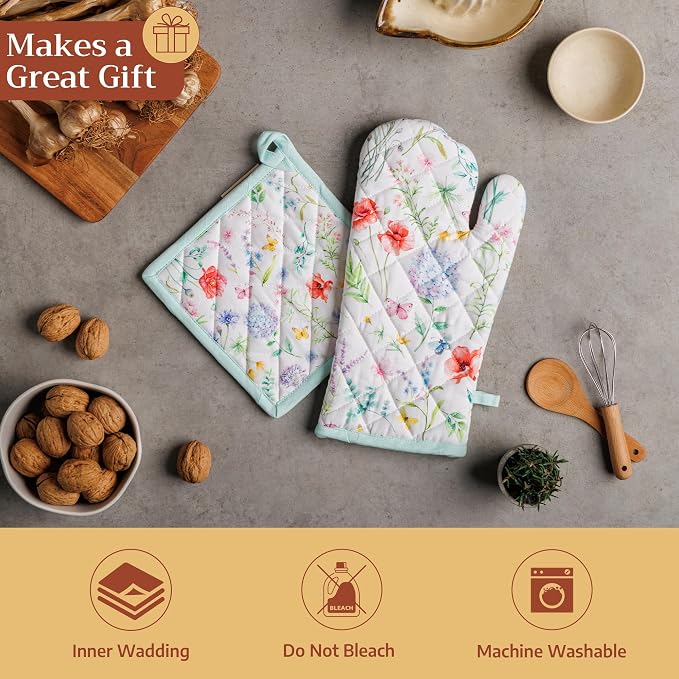 Maison d' Hermine Pot Holders 100% Cotton Potholders (8" x 8", Pack of 1) | Heat Resistant Hot Pads with Loop BBQ Cooking Baking Farmhouse Kitchen Handling Hot Pans Spring Summer - Just Floral