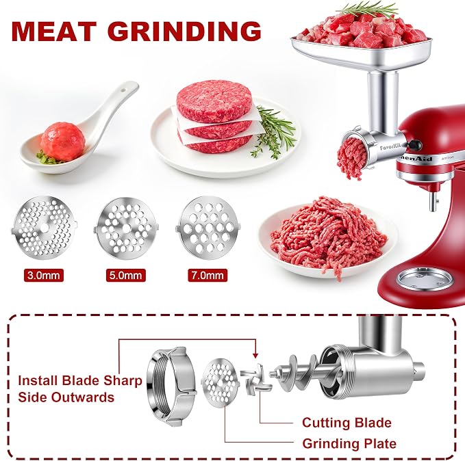FavorKit Stainless Steel Food Grinder Attachment for KitchenAid Mixers, Dishwasher Safe Meat Processor Accessory Included 3 Sausage Stuffer Tubes