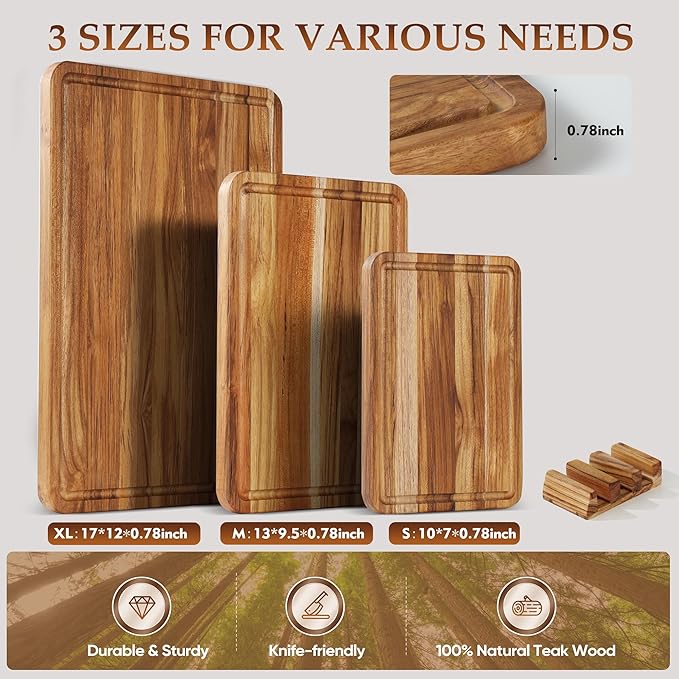 3 Pack Teak Cutting Board Set for Kitchen Wood Charcuterie Board with Juice Groove Wooden Cutting Boards Non Toxic Heavy Duty Slip Over Sink Solid Thick Chopping Board FSC