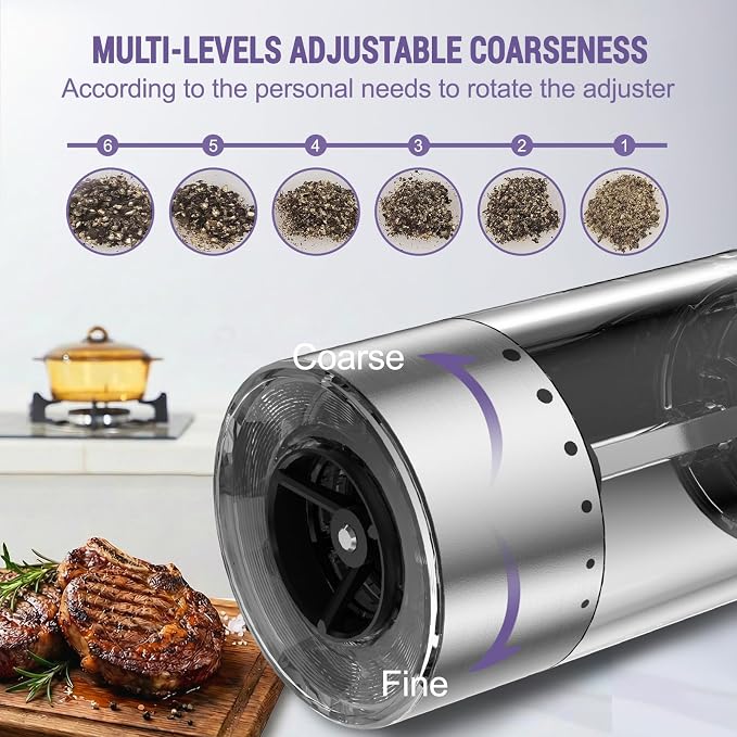 Electric Salt and Pepper Grinder Set, Automatic Pepper Mill Grinder w/Upgraded Charge Base and LED Light,Adjustable Coarseness (Upgraded version of transfer)