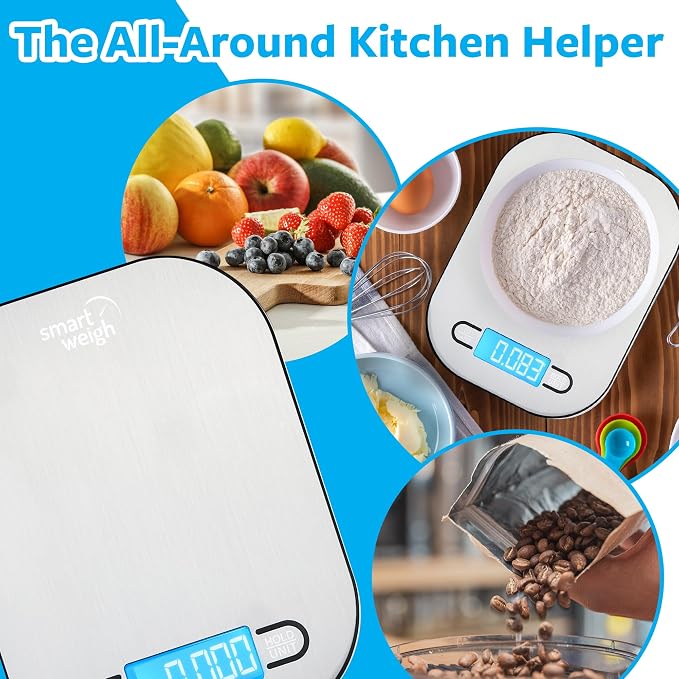 Smart Weigh Stainless Steel Digital Kitchen Scale for Cooking, Weight Loss, Calorie Tracking, Baking, Food Portion Control, and Meal Prep - Accurate Measurements in Grams and Ounces