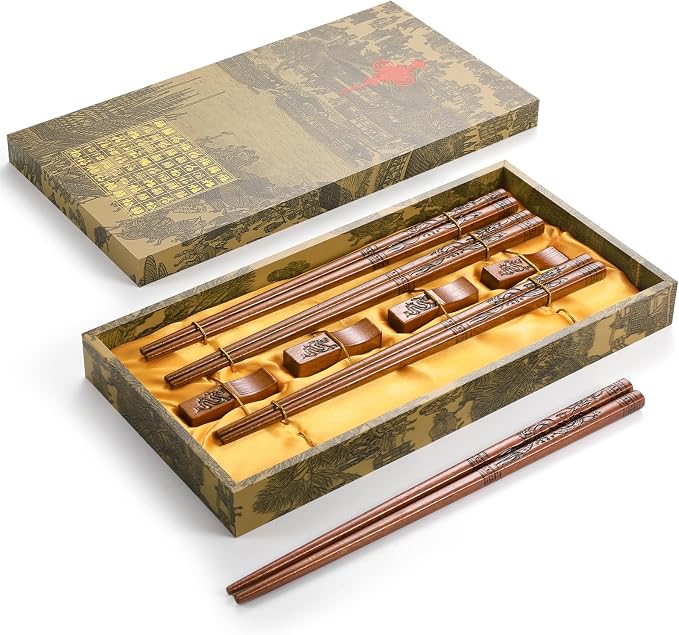 Reusable Chopsticks, Hand-Carved Dragon Design Wooden Chopstick, Chinese Chopsticks Reusable Dishwasher Safe, Chop Sticks Gift Sets - 4 Pairs