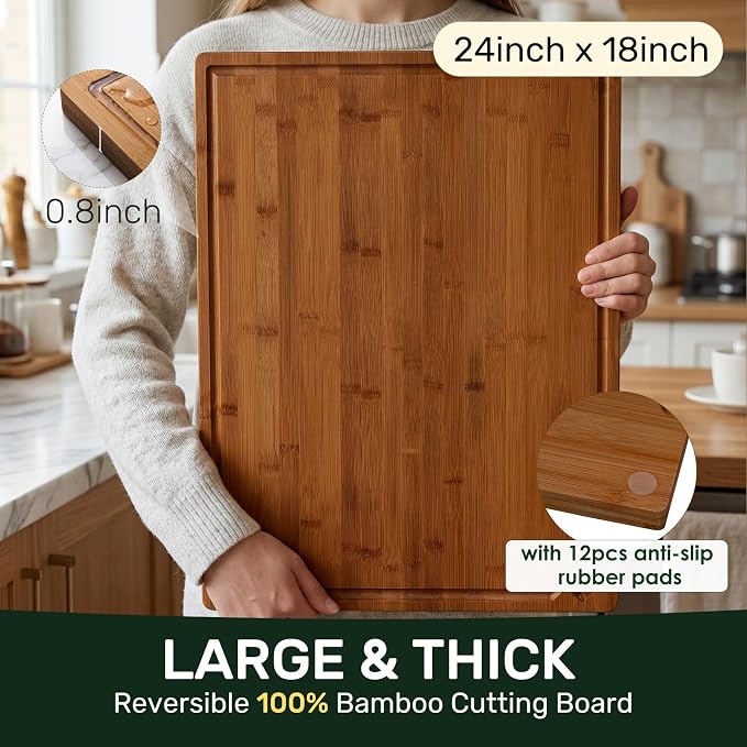 Kikcoin 17”×11” Deep-Carbonized Bamboo Cutting Boards for Kitchen, Healthy Wooden Cutting Boards for Kitchen, Charcuterie, Vegetables, Extra Large Chopping Boards with Deep Juice Groove and Handle