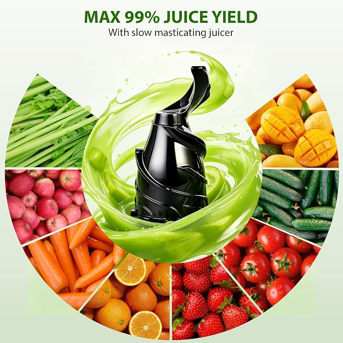 Pukomc Cold Press Juicer with Smart Display and Brushless Motor, | 5.3" Wide Mouth Feed Chute, 300W High Power Slow Masticating Juicer, Whole Vegetables & Fruits Juicing, Easy to Use and Clean