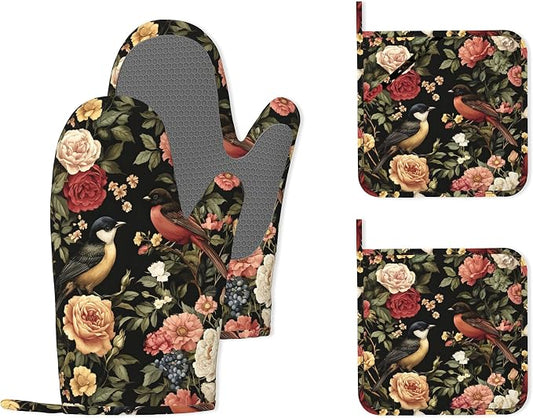 Vintage Rose Peony Floral Oven Mitts and Pot Holders (4PCS),Bird Heat Resistant Non-Slip Silicone Kitchen Gloves for Cooking, Baking, BBQ Waterproof Kitchen Accessories