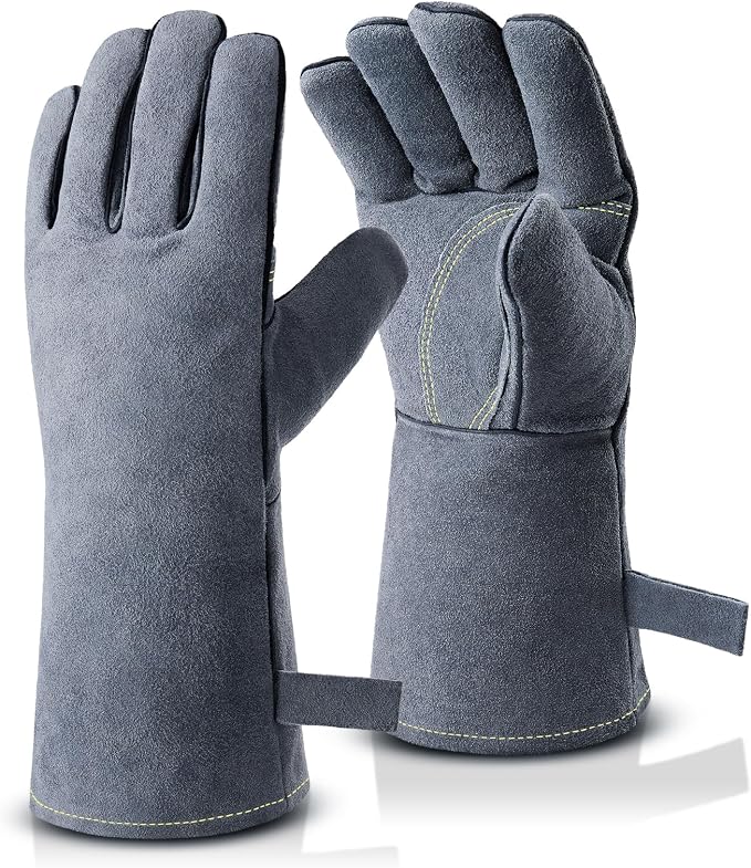 OZERO Welding Gloves: Upgraded Thicker 932°F Heat Resistant, Gray, 14 Inch | 1.2 mm Split Cowhide, Reinforced Palm, Long Cuff, for MIG TIG Stick Forge BBQ Grill Fireplace Fire Pit Wood Stove Oven