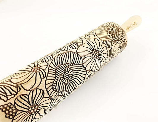 POPPY Embossing Rolling Pin with Wildflower Corn Poppies Pattern. Dough roller for embossed cookies and Pottery by Algis Crafts