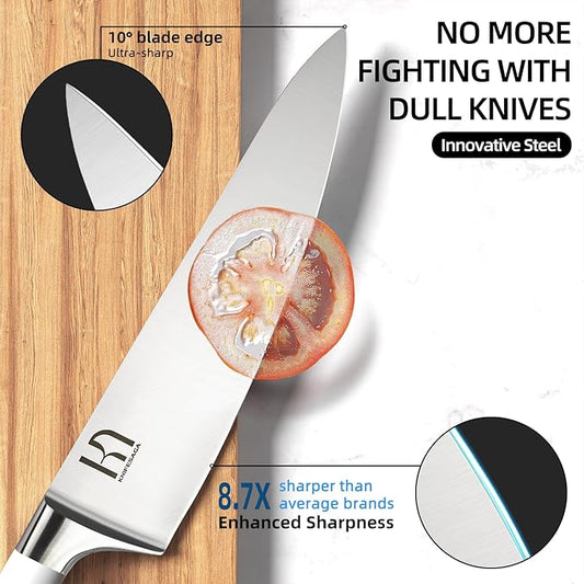 Knife Set, Premium 15 Piece Japanese High Carbon Stainless Steel Knives Set for Kitchen with Block and Sharpener, Razor Sharp Kitchen Knife Block Sets with Ergonomic Full-tang Handle, White