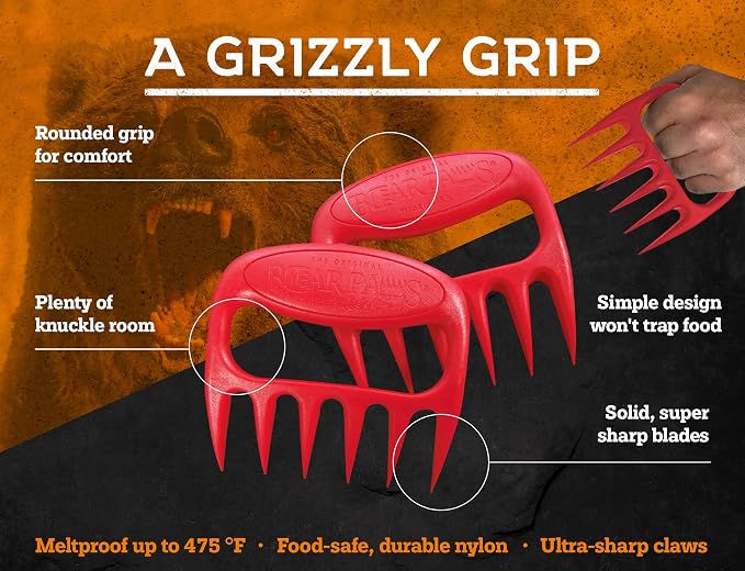 Bear Paws Meat Claws - The Original BBQ Meat Shredder Claws - Red | Shredder Claws for Pulled Pork, USA Made - Easily Lift, Shred, Pull and Serve Pork, Chicken, Brisket and Turkey