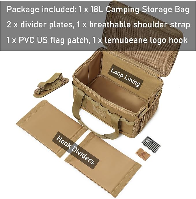 Tactical Camping Storage Bag 18L Tactical Utility Tote Bag Camping Cookware Organizer Trunk Organizer (Khaki)
