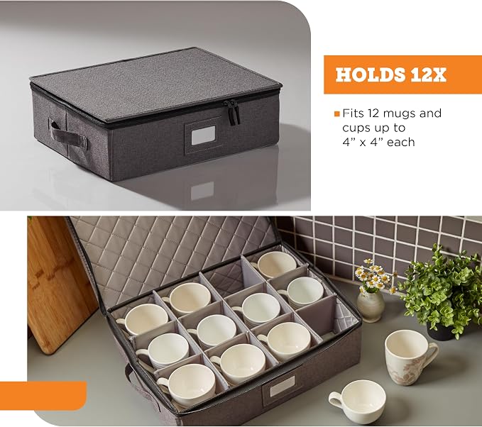 storageLAB Cup & Mug Storage Case | Hard Shell Felt Dividers | Gray | Hard shell case holds 12 cups or mugs in 4x4 felt compartments. Stackable, top-load, dual handles. Also fits wine glasses.