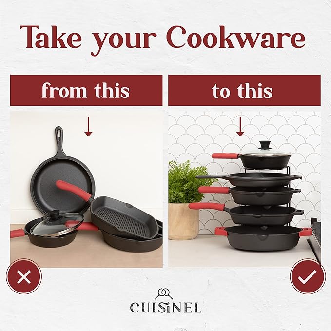 Cuisinel Pan Organizer for Cast Iron, Silicone-Coated 12" Skillet Rack