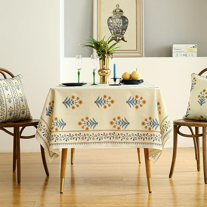 ISAENNE Designer French Pale Yellow Rectangular Tablecloth,Linen Floral Table Cloth,Wrinkle Resistant Decor Tablecloths for Dining Thanksgiving Banquet Kitchen Party,55"*87"-Estevan A