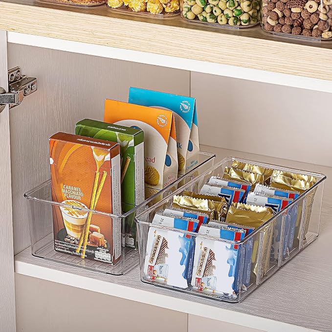 Vtopmart 8 Pack Food Storage Organizer Bins, Clear Plastic, 4 Compartments | For Pantry, Kitchen, Fridge and Cabinet Organization, Organize Food Packets, Snacks, Pouches and Spice Packets