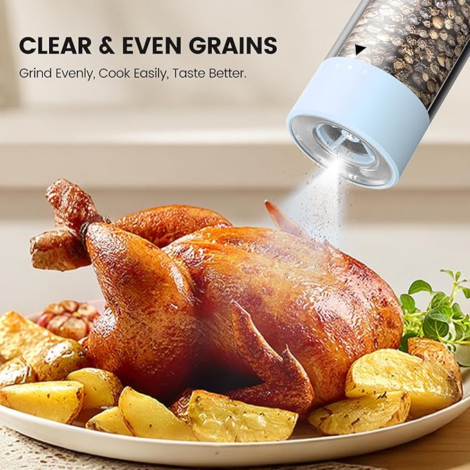 Electric Salt and Pepper Grinder Set - Rechargeable Automatic Salt and Pepper Shakers, Kitchen Appliances with External Adjustable Coarseness, Larger Hopper for Cooking, Home Gifts(2 Pack,Light Blue)