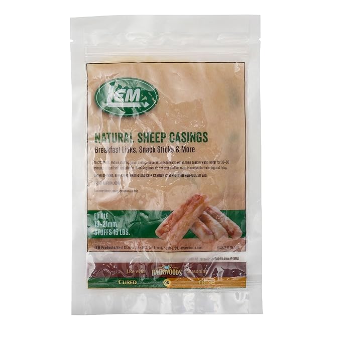 LEM Products Natural Sheep Casings, 19–21mm Edible Sausage Casings for Snack Sticks, Hot Dogs, Breakfast Sausage, Pepperoni, Salami, Homemade Sausages, Stuffs Approx. 15 lbs, 5.1 Ounce Package