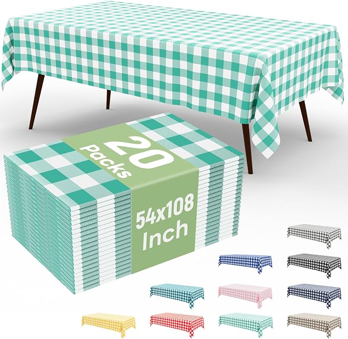 20 Packs Buffalo Disposable Table Cloth, 54 x 108 Inch Waterproof Plastic Tablecloth, Rectangle Teal and White Checkered Table Covers for Picnic, Birthday, Party, Back to School