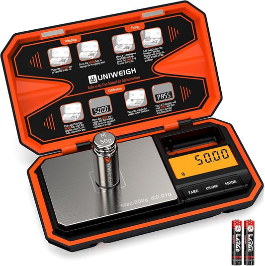 UNIWEIGH Digital Pocket Scale 200g/0.01g Precision Digital Scale Grams | 6 Units Jewelry Scales,Coins Scale with LCD Display,Tare Function for Food,Powder,small items(Battery Included)-Orange