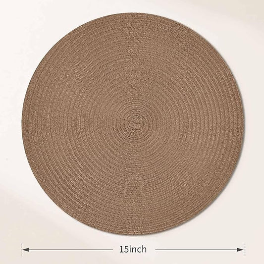 FunWheat Round Braided Placemats Set of 6 Place mats for Dining Tables Woven Heat Resistant Table Mats 15 inch (Brown,6pcs)
