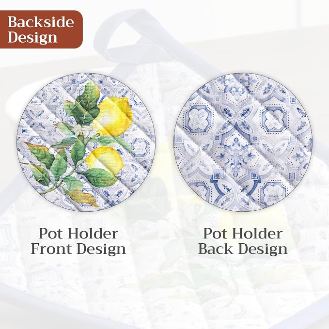 Maison d' Hermine Pot Holders 100% Cotton Potholders (8" x 8", Pack of 2) | Heat Resistant Hot Pads with Loop BBQ Cooking Baking Farmhouse Kitchen Handling Hot Pans Spring Summer - Citrus