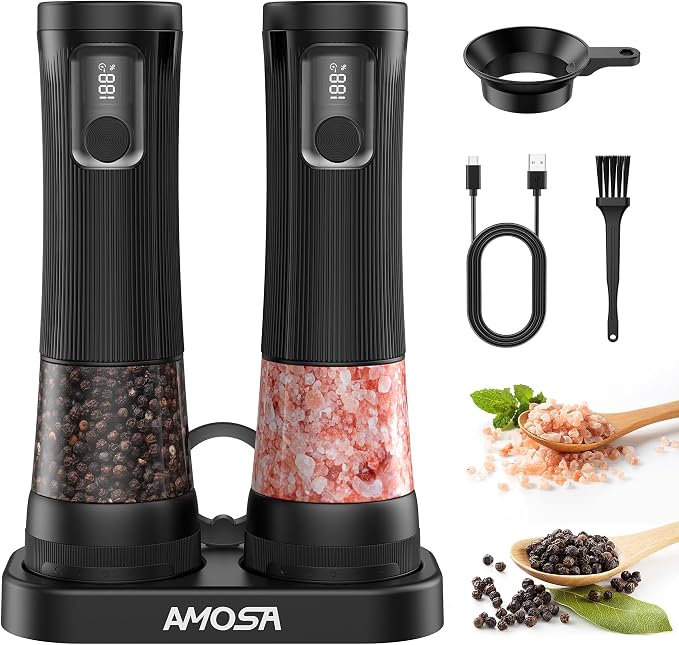 Electric Salt and Pepper Grinder Set, Upgrade 2-Speed Setting, External 5 Adjustable Coarseness, Rechargeable Automatic Salt & Pepper Shakers Mill with Battery Display, Storage Base & Led Light, Black