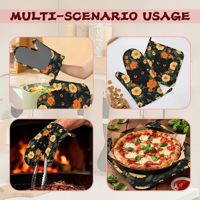 Black Cat Flowers Heat-Resistant Silicone Oven Mitts and Pot Holder 4 Piece Set,Non-Slip Kitchen Oven Gloves for Baking, BBQ, Cooking,Grilling