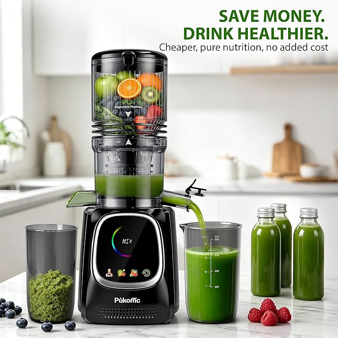 Pukomc Cold Press Juicer with Smart Display and Brushless Motor, | 5.3" Wide Mouth Feed Chute, 300W High Power Slow Masticating Juicer, Whole Vegetables & Fruits Juicing, Easy to Use and Clean