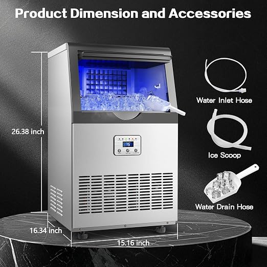 Amzgachfktch Commercial Ice Maker, 110lbs/24H Ice Maker Machine w/ 25 lbs Storage, 45 Ice Cubes in 12 Mins, Auto Self-Cleaning, Blue Light, Under Counter/Freestanding Ice Machine for Home Bar