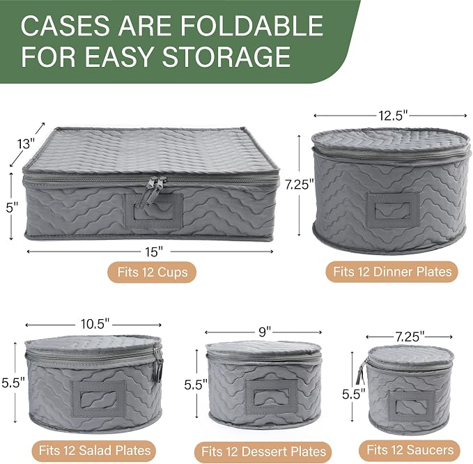 LotFancy China Storage Containers, Quilted 5-Piece Set, Tea Cup and Saucer Storage Box, Chinaware Dinnerware Dish Plate Mug Storage Case, 48 Felt Protectors, Cardboard Dividers Included