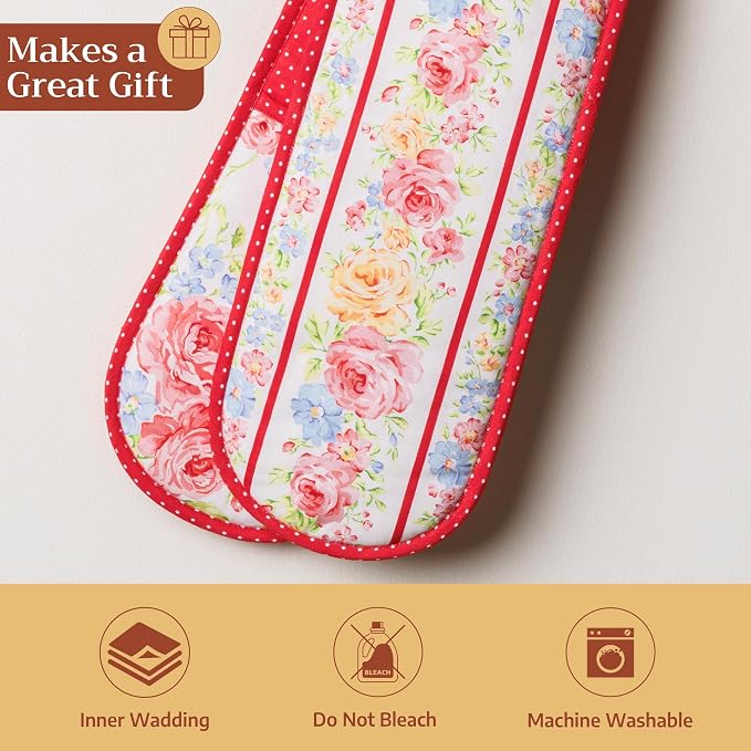 Maison d' Hermine Double Oven Mitts 100% Cotton Double Oven Glove (7"x35") | Heat Resistant BBQ Cooking Gloves with Loop Baking Grilling Kitchen Hotel Home Farmhouse Spring Summer - Vintage Floral
