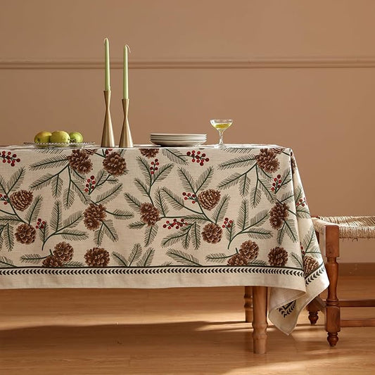 ISAENNE Designer Christmas Beige Linen Rectangular Tablecloth,Pinecones Pattern Indoor Tablecloths,Washable Decor Table Cloth for Dining Thanksgiving Kitchen Christmas,55"*87"-Carol B