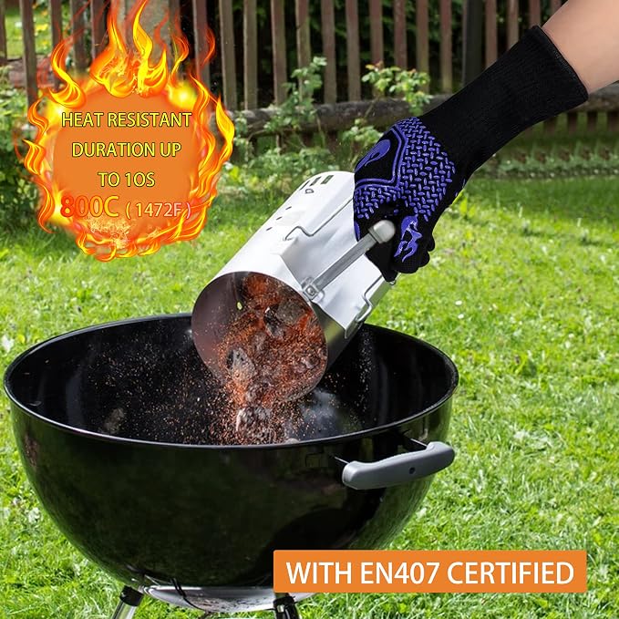 BBQ Fireproof Gloves, Grill Cut-Resistant 1472°F Heat Resistant Gloves, Non-Slip Silicone Oven Gloves, Kitchen Safe Cooking Gloves for Oven Mitts,Barbecue,Cooking, Frying,13.5 Inch-Blue