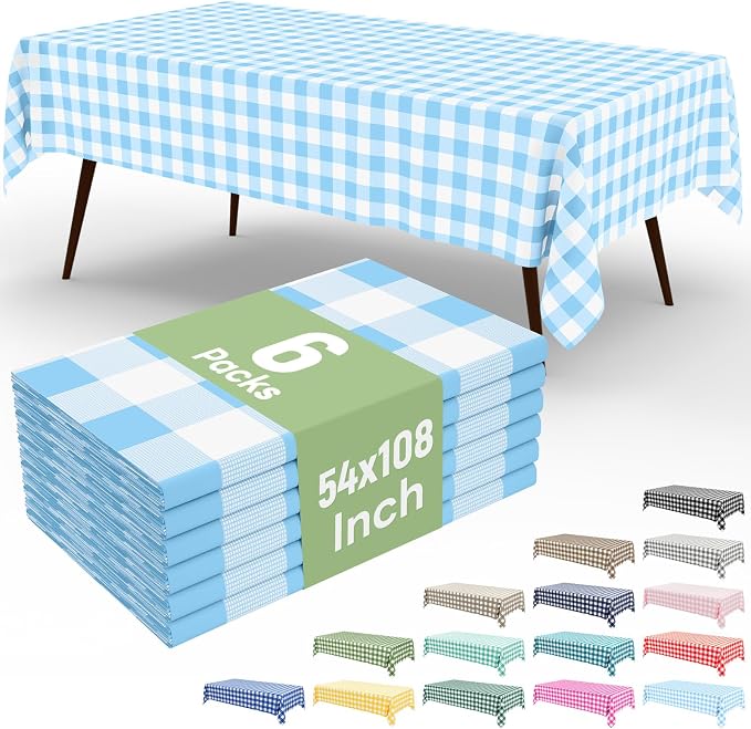 6 Packs Buffalo Disposable Table Cloth, 54 x 108 Inch Waterproof Plastic Tablecloth, Rectangle Baby Blue and White Checkered Table Covers for Picnic, Birthday, Party, Back to School
